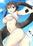  alternate_costume ass bad_id bad_pixiv_id black_hair breasts buta_tamako cloud cloudy_sky commentary_request cowboy_shot day from_below highres kantai_collection large_breasts long_hair looking_at_viewer navel no_bra ponytail red_eyes shirt sky solo thighhighs twitter_username underboob upshirt very_long_hair white_shirt yahagi_(kantai_collection) 
