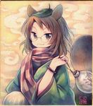  animal_ears border bracelet brown_eyes brown_hair checkered futatsuiwa_mamizou glasses japanese_clothes jewelry kagami_leo kimono leaf leaf_on_head long_sleeves looking_at_viewer orange_background raccoon_ears raccoon_tail scarf shikishi short_hair smile solo tail touhou traditional_media watermark wide_sleeves 