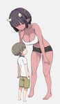  1girl age_difference bad_id bad_twitter_id bare_shoulders barefoot black_hair blush breasts cleavage commentary dark_skin flying_sweatdrops full_body height_difference horns inactive_account large_breasts looking_at_another nora_higuma oni oni_horns original red_skin short_hair short_shorts shorts size_difference smile standing sweatdrop 