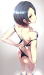  ass bangs bare_back black_bra black_hair black_panties bra breasts from_above hayami_kanade highres idolmaster idolmaster_cinderella_girls panties parted_bangs q_(ed69) short_hair small_breasts smile solo thong underwear underwear_only yellow_eyes 