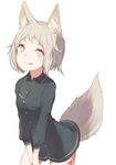  animal_ears blue_eyes buttons dress_shirt fang fox_ears fox_tail green_hair looking_at_viewer messy_hair open_mouth original roll_okashi shirt short_hair simple_background smirk solo tail v_arms white_background 