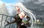  android armpits black_gloves blue_eyes breasts city cloud collarbone day elbow_gloves gloves hair_between_eyes highres large_breasts long_hair mole mole_under_mouth nier_(series) nier_automata outdoors ruins short_shorts shorts silver_hair sky solo tank_top yorha_type_a_no._2 yumeoti 