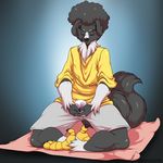  2016 afro anthro avian ball black_background black_claws black_fur black_hair blue_background canine claws clothed clothing deonwolf english_text eyes_closed fur hair hi_res hybrid male mammal orange_scales scales shirt shorts simple_background sitting solo text toe_claws tuft white_fur 