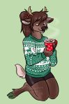  5_fingers anthro antlers biped brown_ears brown_fur brown_hair brown_tail cervid christmas cieldoberman cup eyelashes female fur green_background green_clothing hair holding_object holidays hooves horn kneeling mammal ponytail simple_background smile solo 
