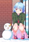  bloomers blue_hair blush colored_eyelashes crescent dress full_body jacket long_sleeves looking_down mary_janes no_hat no_headwear nuwara_eliya pointy_ears red_eyes remilia_scarlet shoes short_hair smile snowman socks solo squatting touhou underwear white_legwear 