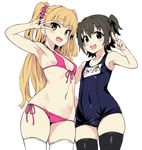  2girls :d akagi_miria armpits asanagi bare_shoulders bikini black_hair black_legwear blonde_hair blue_sukumizu blue_swimsuit blush breasts brown_eyes covered_navel fang fingernails front-tie_top green_eyes hair_ornament idolmaster idolmaster_cinderella_girls jougasaki_rika long_hair looking_at_viewer lowleg midriff multiple_girls nail name_tag navel old_school_swimsuit one-piece_swimsuit open_mouth panties pettanko short_hair side-tie_bikini small_breasts smile sukumizu swimsuit thighhighs tied_hair twintails two_side_up underwear v white_legwear 