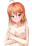  bad_id bad_pixiv_id blush breasts cleavage clover_hair_ornament collarbone covering covering_breasts crossed_arms hachinatsu hair_ornament hair_ribbon hairclip highres love_live! love_live!_sunshine!! medium_breasts nude orange_hair red_eyes ribbon short_hair simple_background smile solo takami_chika upper_body white_background 