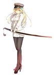  black_legwear blonde_hair blue_eyes boku_wa_tomodachi_ga_sukunai cosplay female_admiral_(kantai_collection) female_admiral_(kantai_collection)_(cosplay) foodtoyc gloves hair_ornament hat highres holding holding_sword holding_weapon kantai_collection kashiwazaki_sena long_hair looking_at_viewer pantyhose simple_background solo sword uniform weapon white_background white_gloves 