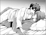  2boys bed blush doudanuki_masakuni kiss lying lying_on_person male_focus mikazuki_munechika monochrome multiple_boys pillow steam sweat touken_ranbu yaoi 