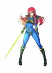  armor black_armor black_footwear black_gloves blue_bodysuit bodysuit boots covered_navel energy_sword fujisawa_takashi full_body gloves highres iczer-2 iczer_(series) knee_boots long_hair looking_at_viewer pointy_ears red_hair shoulder_pads smile solo standing sword tatakae!!_iczer-1 weapon white_background yellow_eyes 