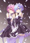  apron blue_eyes blue_hair bow breasts detached_collar detached_sleeves dress frilled_dress frills from_side hair_ornament hair_over_one_eye highres holding_hands interlocked_fingers looking_at_viewer maid maid_headdress medium_breasts multiple_girls open_mouth petals pink_hair ram_(re:zero) re:zero_kara_hajimeru_isekai_seikatsu red_eyes rem_(re:zero) ribbon-trimmed_clothes ribbon-trimmed_legwear ribbon-trimmed_sleeves ribbon_trim short_hair siblings sisters smile thighhighs totika twins underbust white_legwear x_hair_ornament 