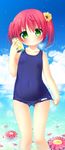  can cloud covered_navel day flower green_eyes hair_flower hair_ornament hanamiya_natsuka highres long_hair original outdoors red_hair school_swimsuit sky smile soda_can solo swimsuit swimsuit_pull thigh_gap twintails water 
