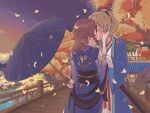  2girls alternate_costume architecture autumn autumn_leaves bare_shoulders belt black_bow black_sash blonde_hair blue_robe blush bow branch bridge brown_hair chinese_clothes closed_eyes clothing_cutout cloud cloudy_sky covered_mouth cowboy_shot east_asian_architecture english_commentary evening from_behind genshin_impact gradient_sky hair_bow hand_on_another's_face hand_on_another's_head hand_up hanfu high_ponytail highres holding holding_umbrella house jean_(genshin_impact) kiss leaf lisa_(genshin_impact) liyue_harbor long_hair long_sleeves medium_hair mountain multiple_girls oil-paper_umbrella open_clothes open_robe orange_sky outdoors ponytail puffy_long_sleeves puffy_sleeves purple_hanfu purple_sky red_ribbon ribbon river robe sash shoulder_cutout sidelocks sky standing sword tree umbrella weapon white_hanfu wide_sleeves yellow_belt yurenn yuri 