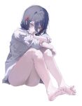  1girl absurdres barefoot black_hair chainsaw_man closed_mouth feet flower full_body green_eyes hair_between_eyes hair_flower hair_ornament highres hugging_own_legs knees_to_chest knees_up long_sleeves looking_at_viewer no_pants panties red_flower reze_(chainsaw_man) shirt short_hair simple_background sitting solo toes tokkieee_qian underwear white_background white_panties white_shirt 
