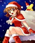  arle_nadja bag boots brown_eyes brown_hair carbuncle_(puyopuyo) dress gloves hat holly madou_monogatari open_mouth puyopuyo red_dress red_footwear red_gloves sakagami_yuura santa_costume santa_gloves santa_hat smile snow 