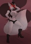  anthro big_breasts breasts canine charliechomp clothed clothing collar female hair hair_over_eye half-closed_eyes mammal mini_top_hat navel nipple_bulge smile solo standing tight_clothing wolf 