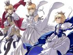  3girls ahoge armor armored_boots armored_dress artoria_pendragon_(fate) bare_shoulders blonde_hair blue_cloak blue_ribbon blue_shirt boots braid breastplate breasts brown_pantyhose carimarica cloak commentary_request crown detached_sleeves dress fate/grand_order fate_(series) faulds fur-trimmed_cloak fur_trim gauntlets gloves gold_armor gold_trim green_eyes hair_bun hair_ribbon long_hair long_sleeves looking_at_viewer lord_logres_(fate) lord_logres_(first_ascension)_(fate) lord_logres_(second_ascension)_(fate) lord_logres_(third_ascension)_(fate) medium_breasts multiple_girls multiple_persona pantyhose red_cloak ribbon shirt sidelocks smile tabard white_dress white_gloves white_ribbon wide_sleeves 