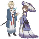  2girls alternate_costume arm_ribbon bare_shoulders belt black_belt black_boots black_bow blonde_hair blue_butterfly blue_eyes blue_robe blush boots bow breasts brown_hair bug butterfly butterfly_earrings chinese_clothes closed_mouth clothing_cutout commentary cross cross_earrings crystalfly_(genshin_impact) earrings english_commentary from_side full_body genshin_impact green_eyes hair_between_eyes hair_bow hair_ribbon hands_up hanfu high_ponytail highres holding holding_sword holding_umbrella holding_weapon jean_(genshin_impact) jewelry lisa_(genshin_impact) long_hair looking_at_viewer low_ponytail medium_breasts medium_hair multiple_girls oil-paper_umbrella open_clothes open_robe ponytail purple_hanfu purple_ribbon red_ribbon ribbon robe shoulder_cutout sidelocks simple_background smile standing sword teeth umbrella weapon white_background white_hanfu yurenn 