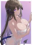  1girl absurdres black_hair border breasts cleavage collarbone colored_inner_hair demon_girl demon_horns demon_tail hashtag-only_commentary highres honkai:_star_rail honkai_(series) horns large_breasts long_hair multicolored_hair naked_towel purple_background purple_eyes purple_hair rikka_(rikkaarts) simple_background solo tail the_dahlia_(honkai:_star_rail) towel two-tone_hair very_long_hair white_border 
