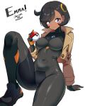  1girl absurdres arm_support artist_name ass black_bodysuit black_gloves black_hair black_shoes blush bodysuit breasts brown_jacket character_name closed_mouth commentary covered_navel cowlick dark-skinned_female dark_skin emma_(pokemon) gloves hair_ornament highres holding holding_poke_ball jacket jarckius knee_up large_breasts looking_at_viewer mega_stone multicolored_gloves open_clothes open_jacket paid_reward_available poke_ball poke_ball_(basic) pokemon pokemon_legends:_z-a purple_eyes shoes short_hair simple_background sitting skin_tight smile solo two-sided_gloves two-tone_gloves white_background yellow_gloves 