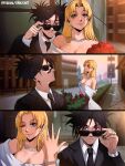  1boy 1girl adjusting_eyewear artist_name black_hair black_necktie blue_eyes blurry blurry_background bouquet breasts chinese_wedding_photoshoot choso_(jujutsu_kaisen) city cleavage commentary dress earrings english_commentary eyelashes formal_clothes hand_up highres holding holding_bouquet jewelry jujutsu_kaisen long_sleeves looking_up necklace necktie off-shoulder_dress off_shoulder opalis outdoors patreon_username pearl_armlet pearl_earrings pearl_necklace photo-referenced ring road shirt short_hair smile sunglasses tsukumo_yuki_(jujutsu_kaisen) urban wedding wedding_ring white_dress white_shirt wing_collar 
