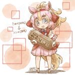  1girl animal_ears blue_eyes brown_hair commentary_request extra_ears full_body gloves hair_ornament horse_ears horse_girl horse_tail kemono_friends long_hair looking_at_viewer multicolored_hair nontraditional_miko omikuji pink_background pink_hair sandals shinme_(kemono_friends) shirabaki simple_background skirt solo tabi tail two-tone_hair zouri 