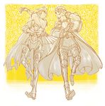  alternate_costume amatari_sukuzakki armor barefoot book cape cloak crossover fan fire_emblem fire_emblem:_kakusei fire_emblem_if looking_at_another male_focus male_my_unit_(fire_emblem:_kakusei) male_my_unit_(fire_emblem_if) monochrome multiple_boys my_unit_(fire_emblem:_kakusei) my_unit_(fire_emblem_if) patterned_background pose yellow_background 