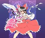  black_hair bow commentary_request detached_sleeves feet_out_of_frame fusion gohei hair_bow hair_tubes hakurei_reimu heterochromia ini_(inunabe00) kishin_sagume knees purple_background red_bow red_eyes red_skirt sidelocks silver_hair single_wing skirt skirt_set split_theme touhou tsurime white_wings wide_sleeves wings yellow_eyes 