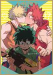  !? 3boys bakugou_katsuki blonde_hair blush boku_no_hero_academia border closed_eyes commentary_request french_kiss green_eyes green_shirt heart highres holding holding_water_gun hood hood_down hooded_jacket jacket kirishima_eijiro kiss male_focus midoriya_izuku multiple_boys orange_shirt red_eyes red_hair red_jacket ship_name shirt short_hair sleeveless sleeveless_jacket spiked_hair surprise_kiss surprised tsukota twitter_username upper_body water_gun yaoi 