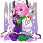  1girl bebebebemsuk bow bracelet breasts collared_shirt commentary_request drill_hair drill_sidelocks dynamax_band eyeshadow flipped_hair fur_jacket hair_bow hairband hand_up highres holding holding_poke_ball jacket jewelry klara_(pokemon) large_breasts makeup medium_breasts mole mole_under_mouth multicolored_thighhighs pink_eyeshadow pink_hair pink_lips poke_ball poke_ball_(basic) pokemon pokemon_swsh print_shirt print_shorts purple_eyes shaded_face shirt short_hair shorts side_slit side_slit_shorts sidelocks sitting sketch smile solo two-tone_shirt two-tone_shorts two-tone_thighhighs wariza white_bow white_hairband 