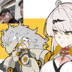  1boy 2girls banyue_(zenless_zone_zero) battery_indicator black_hair braid breasts cellphone claws cleavage commentary_request dialyn_(zenless_zone_zero) grey_hair hair_ornament highres holding holding_phone humanoid_robot long_hair looking_at_phone mechanical_hands multicolored_hair multiple_girls phone photo_inset real_life_insert reference_inset robot robot_boy smartphone split-color_hair user_interface video_call webcam white_hair yellow_eyes yixuan_(zenless_zone_zero) zenless_zone_zero zzz_love_zzz 