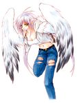  ahoge breasts cleavage denim eyes_visible_through_hair feathered_wings feathers harpy haru_(monster_musume) jeans long_hair medium_breasts monster_girl monster_musume_no_iru_nichijou monster_musume_no_iru_nichijou_online mugetsu_(arado234) navel pants pointy_ears shirt simple_background solo torn_clothes torn_jeans torn_pants very_long_hair vest white_background white_hair white_shirt white_wings wings yellow_eyes 