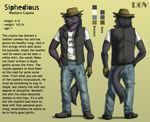  2013 anthro belt black_nose canine claws clothed clothing cowboy_hat coyote digital_media_(artwork) dreadlocks ear_piercing english_text eyewear fingerless_gloves footwear fur glasses gloves hair hand_on_hip hat jeans looking_at_viewer male mammal model_sheet open_vest pants piercing purple_fur purple_hair rov shirt shoes simple_background siphedious solo standing text vest watermark 