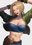  1girl ;d abs arms_behind_head arms_up belt blonde_hair blue_eyes blue_mary breasts brown_belt cleavage commentary crop_top cropped_jacket denim english_commentary fatal_fury fingerless_gloves garou:_mark_of_the_wolves gloves green_jacket grey_background highres jacket jeans large_breasts looking_at_viewer midriff navel one_eye_closed open_clothes open_jacket open_mouth pants parted_bangs parted_hair phamoz short_hair simple_background smile solo strapless the_king_of_fighters toned tube_top white_background 