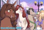 2026 alternative_fashion blonde_hair brown_body brown_eyes brown_fur brown_hair brown_mane chinese_zodiac city cloud equid equine eyewear female feral fur glasses green_eyes group gyaru hair hi_res highlights_(coloring) holidays horse j-fashion lightsource mammal mane new_year pigtails pince-nez red_eyes red_mane scarf shooting_star sky smile star starry_sky stella-chan street_lamp tan_body tan_fur teeth white_body white_fur year_of_the_horse