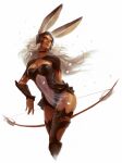  1girl animal_ears armor bow_(weapon) breasts chainmail closed_mouth cropped_legs dark-skinned_female dark_skin dave_rapoza eyelashes final_fantasy final_fantasy_xii fluffy_hair fran_(ff12) headgear highres holding holding_bow_(weapon) holding_weapon large_breasts long_hair rabbit_ears simple_background solo viera weapon white_background 