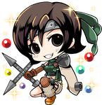  armor belt brown_gloves chibi crop_top final_fantasy final_fantasy_vii forehead_protector full_body gloves grin highres makokb ninja one_knee ribbed_sweater short_shorts shorts smile solo sparkle sweater transparent_background weapon yuffie_kisaragi 