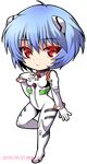  2016 :| ahoge artist_name ayanami_rei bangs blue_hair bodysuit bracer breasts chibi closed_mouth colored_eyelashes dated expressionless eyebrows eyebrows_visible_through_hair from_side full_body gloves hair_between_eyes hand_on_own_chest headgear leg_lift looking_at_viewer makokb neon_genesis_evangelion number pilot_suit plugsuit red_eyes small_breasts solo standing standing_on_one_leg transparent_background turtleneck white_bodysuit 