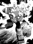  absurdres arm_cannon commentary dual_arm_cannons english_commentary explosion greyscale highres manabu_yashiro mega_man_(classic) mega_man_(series) missile missile_pod monochrome napalm_man robot signature smoke weapon 