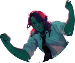  1girl angela_he backlighting black_necktie circle clenched_hand collared_shirt colored_skin cowboy_shot dirt green_skin grin highres holding looking_at_viewer necktie non-web_source official_art parted_lips pink_hair red_pupils shirt short_hair sleeves_rolled_up smile solo stop_burying_me_alive_beautiful! transparent_background upper_body white_shirt 