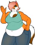 alpha_channel anthro belly big_belly blush canine clothed clothing female fox hair hair_over_eye mammal navel obese overweight porin simple_background smile solo teeth transparent_background 