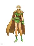  bag bare_legs belt between_breasts blonde_hair boots breasts cape dungeons_&amp;_dragons:_shadow_over_mystara dungeons_and_dragons earrings elf forehead_jewel full_body gloves green_footwear green_gloves highres jewelry large_breasts long_hair lucia_(d&amp;d) nishimura_kinu official_art pointy_ears purple_eyes satchel sheath sheathed shoulder_pads simple_background solo standing strap_cleavage sword tunic watermark weapon white_background 