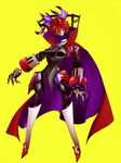  arikanrobo bow cape commentary_request disembodied_head disembodied_limb full_body hair_bow high_collar looking_at_viewer mechanization parody persona persona_4 purple_bow red_eyes red_hair sekibanki short_hair simple_background solo touhou yellow_background 