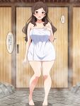  1girl :o absurdres architecture arm_at_side blush breasts brown_eyes brown_hair cleavage collarbone commentary_request dot_nose east_asian_architecture eyelashes full_body hand_on_own_chest highres idolmaster idolmaster_million_live! idolmaster_million_live!_theater_days kitazawa_shiho knees_together_feet_apart large_breasts long_hair mei_ichi naked_towel onsen open_mouth parted_bangs shadow sidelocks solo speech_bubble standing steam stone_floor sweat toes towel translation_request wavy_hair wooden_door 