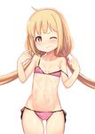  ;) ass_visible_through_thighs atg_(wttoo0202) bikini blonde_hair blush breasts futaba_anzu grin highres idolmaster idolmaster_cinderella_girls long_hair looking_at_viewer md5_mismatch navel one_eye_closed pink_bikini red_eyes small_breasts smile solo strap_slip swimsuit twintails 