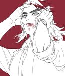  1boy adjusting_hair collared_shirt colored_tips commentary_request forked_eyebrows hashimoto_(yanagi-momo) kimetsu_no_yaiba limited_palette lips lipstick lipstick_mark long_hair looking_at_viewer makeup male_focus medium_hair monochrome multicolored_hair necktie parted_lips red_background red_hair rengoku_kyoujurou shirt simple_background sleeves_rolled_up solo spot_color streaked_hair thick_eyebrows two-tone_hair undone_necktie upper_body watch wristwatch 