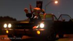anthro aurora_(crimsomdark) big_breasts black_bottomwear black_clothing black_pants bottomwear breasts canid canine car chevelle clothing crimsomdark evening female hi_res hyenid_(species) mammal pants road smile solo vehicle
