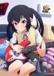  1girl absurdres animal_on_lap black_cat black_hair blush brown_eyes cat cat_on_lap closed_mouth collared_shirt commentary english_commentary eyebrows_hidden_by_hair feet_out_of_frame film_grain grey_skirt guitar hair_between_eyes highres holding holding_guitar holding_instrument indoors instrument k-on! long_hair looking_at_viewer miniskirt music nakano_azusa neck_ribbon on_bed on_lap playing_guitar playing_instrument pleated_skirt red_ribbon ribbon school_uniform shirt short_sleeves sidelocks sitting skirt sleeping smile solo split_mouth sweater_vest tea_ramisu twintails white_shirt yellow_sweater_vest 