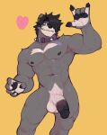 anthro bear big_penis biped black_hair collar collar_only front_view fur genitals grey_body grey_fur hair hair_over_eye heart_symbol hi_res humanoid_genitalia humanoid_penis jrjresq male mammal muscular muscular_anthro muscular_male nude nude_anthro nude_male pawpads penis sketch snaggle_teeth solo standing