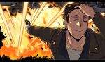  1boy 913832982w adjusting_hair alien closed_eyes commentary_request explosion gun hair_slicked_back hand_in_own_hair hand_on_own_head harry_mason highres holding holding_gun holding_weapon male_focus meme naoya_hitting_choso_without_looking_(meme) parody scene_reference silent_hill_(series) smear_frame solo weapon 